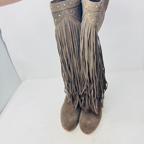 INC Tolla Suede Fringe Knee High Boots Taupe Western Boho Studded 8.5M - Picture 12 of 12